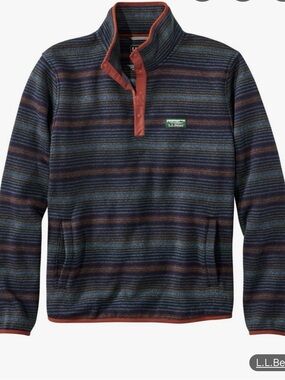 L.L. Bean Navy Striped Snap-Front Fleece with Rust Trim